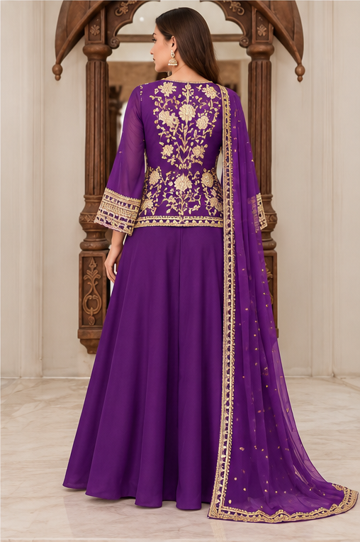 Women's Georgette Embroidery 3-4th Sleeve V-Neck Kurti, Palazzo And Dupatta Set (Purple)